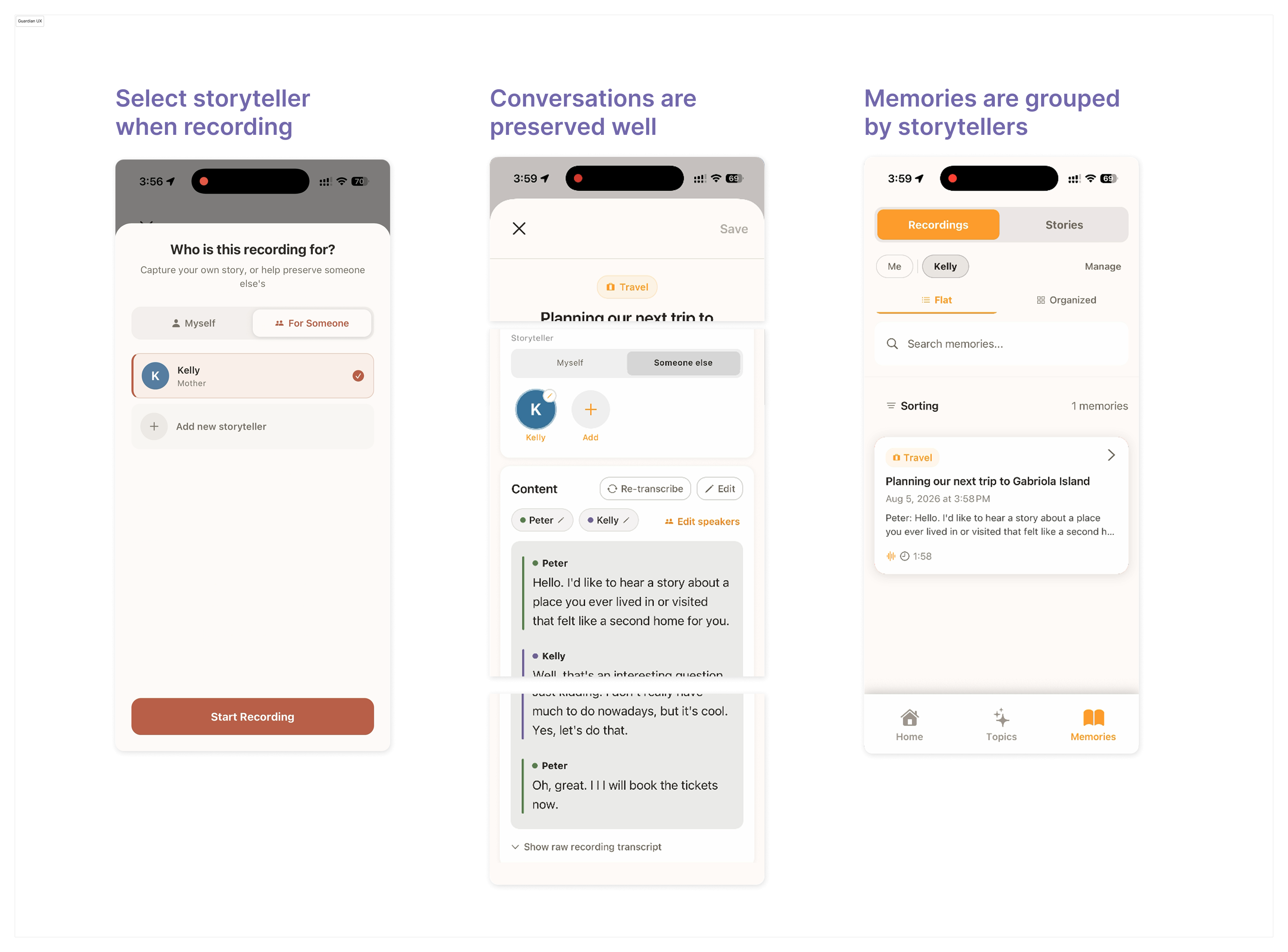 Memoria Guardian and Family UX Screen