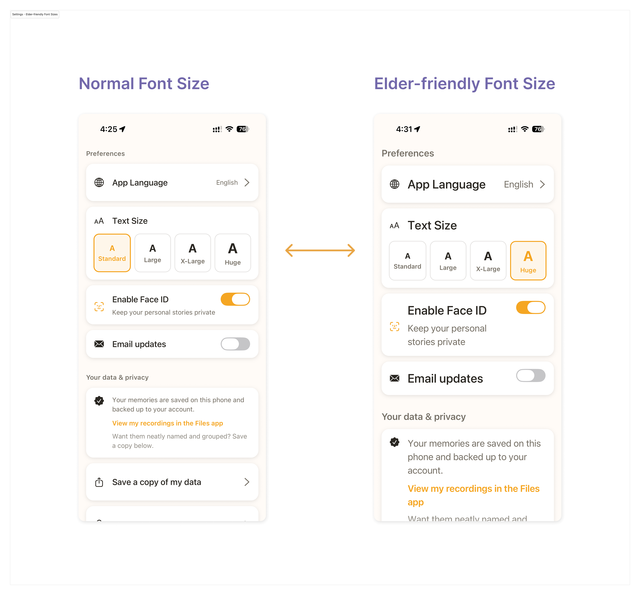 Memoria Elder-friendly Font Size Settings Screen